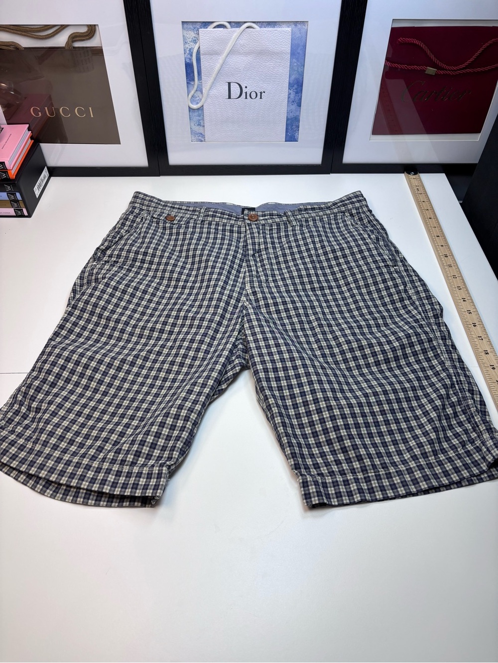J. Crew Men's Navy and Gray Check Flat Front Shorts Size 32W Very Good Condition